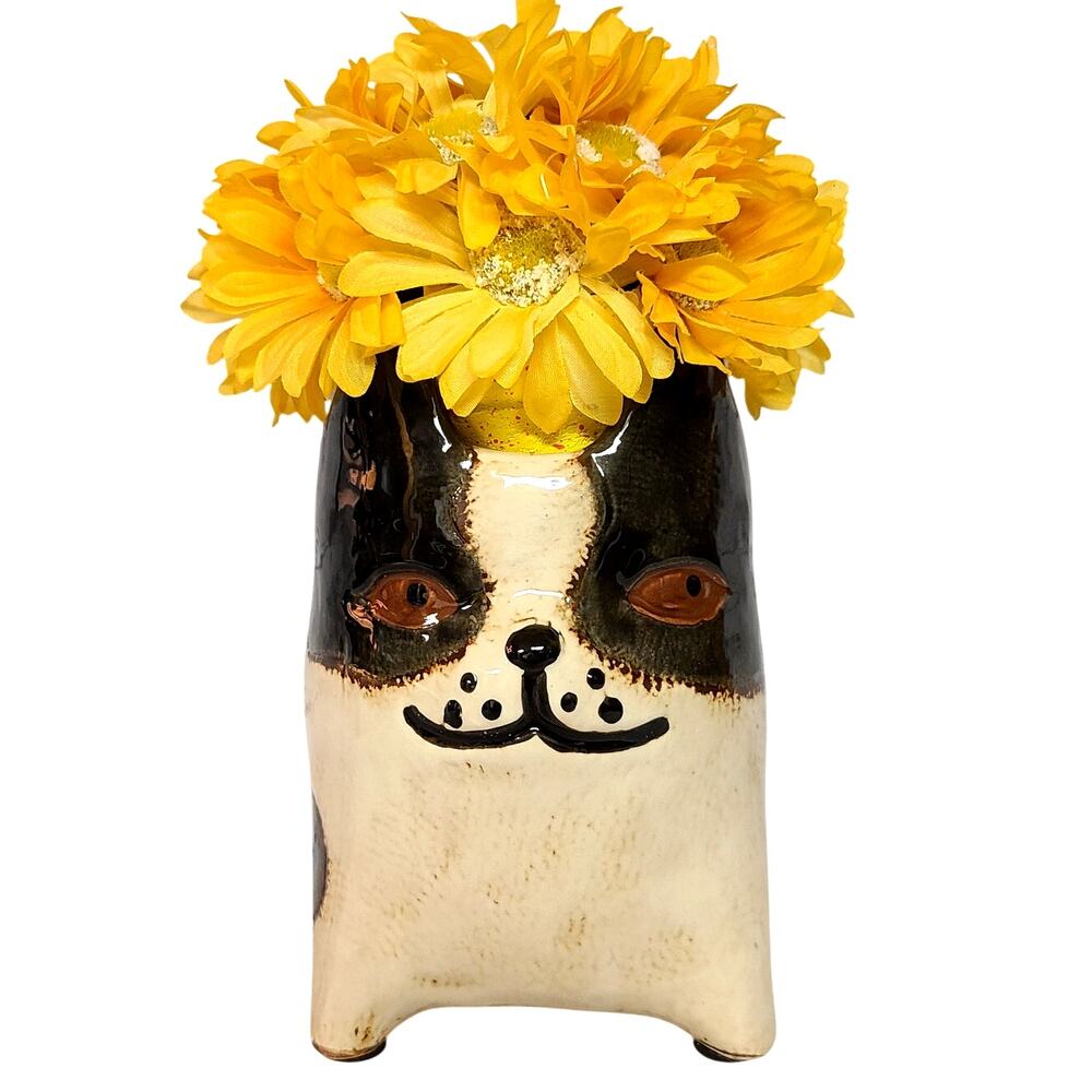French Bulldog Ceramic Planter Hand Painted Dog Pot Brown White 6.5x4